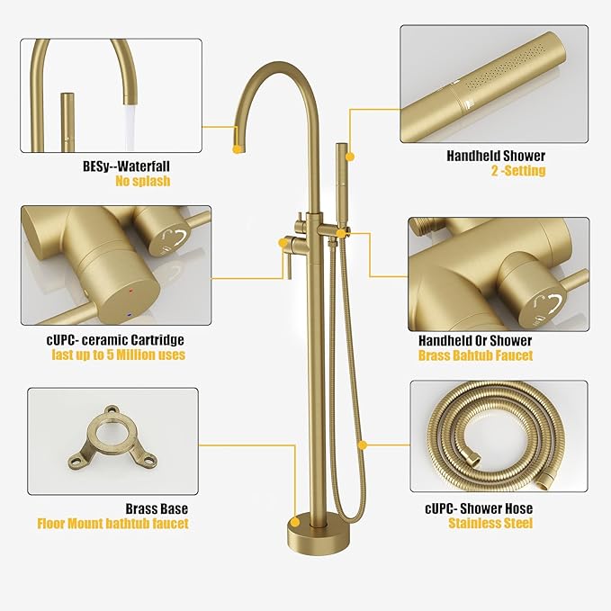 BESy Freestanding Bathtub Faucet Tub Filler Free Standing Floor Mount Stand Brass Bathroom Tub Faucets Sets with 2 Function Hand Sprayer Shower Wand Swivel Spout, Brushed Gold Finish