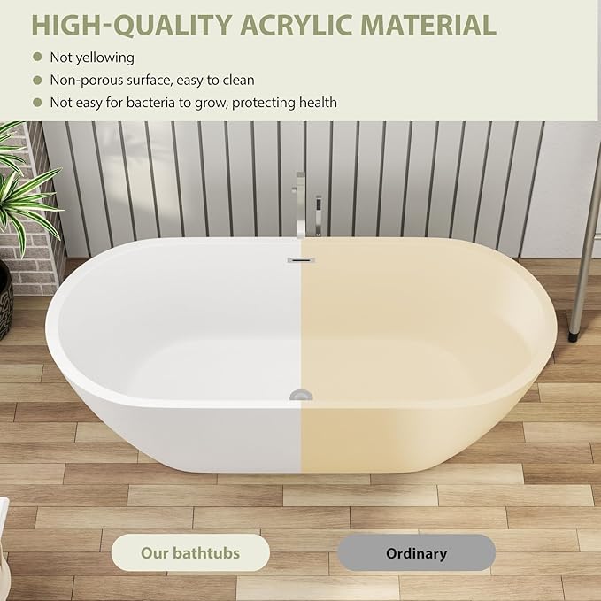 67" Acrylic Freestanding Bathtub - Mocoloo White Oval Shape Soaking Bath Tub with Stainless Drain and Overflow Assembly for Classic Modern Bathrooms