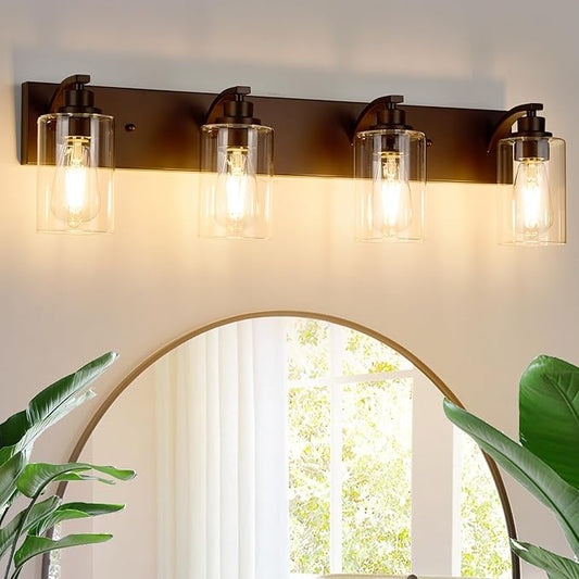 4-Light Bathroom Light Fixtures Modern ORB Vanity Lights for Bathroom Lighting Fixtures Over Mirror with Clear Glass Shade for Cabinet Mirror Bedroom Hallway