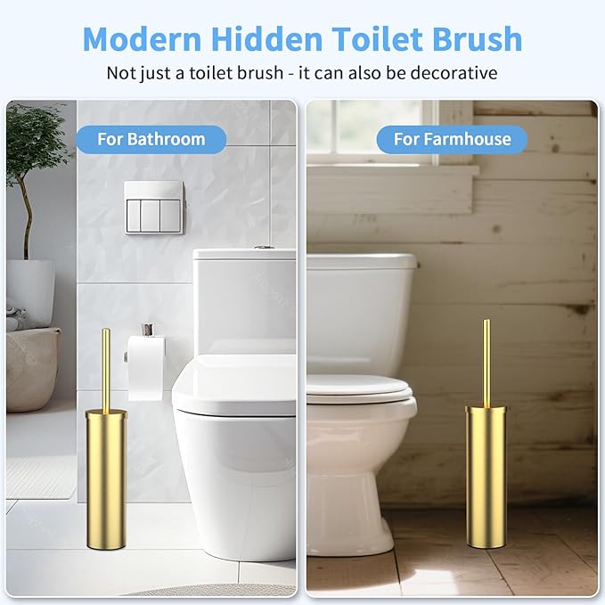 Stainless Steel Toilet Brush and Holder Set Brushed Gold Heavy Duty Toilet Bowl Brush with Long Handle for Bathroom and Farmhouse