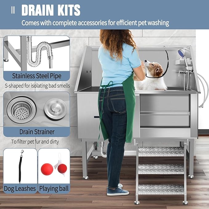 50 Inch Professional Dog Wash Station, Stainless Steel Dog Grooming Tub for Large, Medium & Small Pets - with Anti-Slip Stairs, Drain & Door, Silver