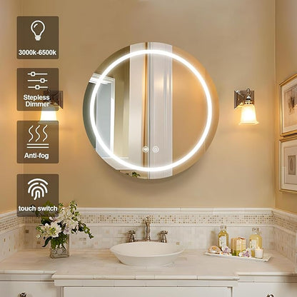 24inch Round Medicine Cabinet with Lights,Led Medicine Cabinet with Defogger,Illuminated Mirror Cabinet for Bathroom,Dimmable,Anti-Fog,3 Colors,Surface Mount Only,White