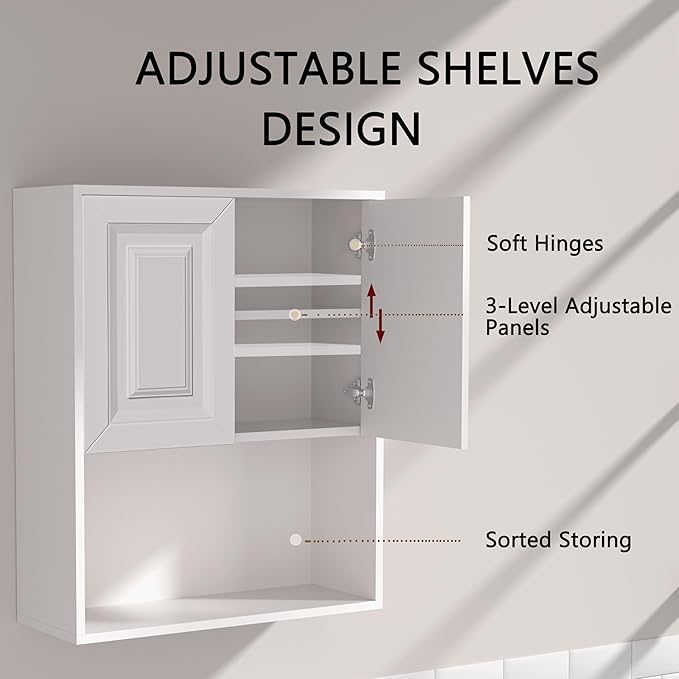 White Bathroom Wall Cabinet,Over The Toilet Storage Cabinet,Bathroom and Laundry Wall Mount Storage Medicine Cabinet with Open and Adjustable Shelf,Easy Assembly (Style B-1 PC, White)