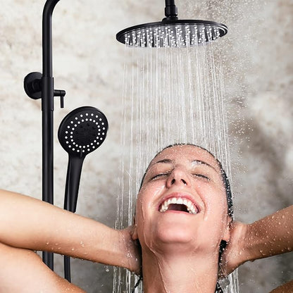 3-Function Thermostatic Outdoor Shower Faucet Set, 8" Round Head Shower, Exposed Pipe Wall Mount with Constant Temperature, Matte Black with Height Adjustable Slide Bar ABS Handheld Sprayer