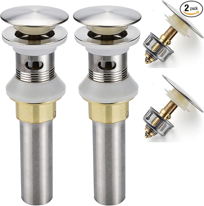 Bathroom Sink Drain,2 Pack Drain Stopper Bathroom Sink with Overflow,Pop Up Drain Assembly with Detachable Strainer Basket,Built-in Anti-Clogging Strainer,Stainless Steel Brushed Nickel