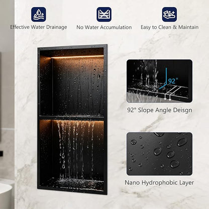 12" X 24" RGB LED Shower Niche No Tile Needed, 304 Stainless Steel Shower Niche Insert Tile Ready, Recessed Wall Shelf for Bathroom Storage Organizer with Remote Control, Matte Black