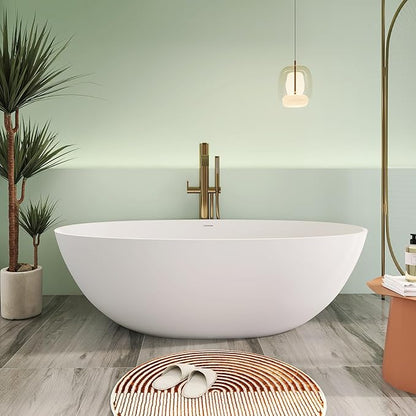71" Premium Solid Surface Freestanding Bathtubs, Oval Stone Resin Tub with Overflow and Pop-up Drain, Matte White