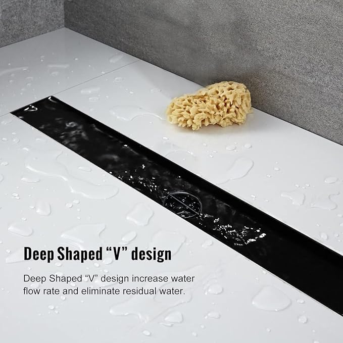 Linear Shower Drain, 72 inch Black Drain with Tile Insert 2-in-1 Panel, Brushed 304 Stainless Steel Shower Floor Drain, Linear Drain with Hair Strainer and Adjustable Feet