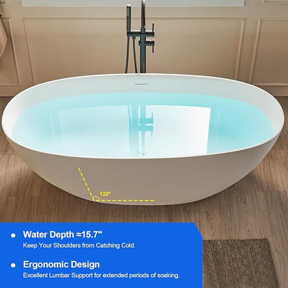 Cpingao 63" Solid Surface Freestanding Bathtub, Modern Oval Shape Soaking Tub, Stone Resin Stand Alone Bathtub with Drain & Integrated Slotted Overflow Matte White 8845-1600