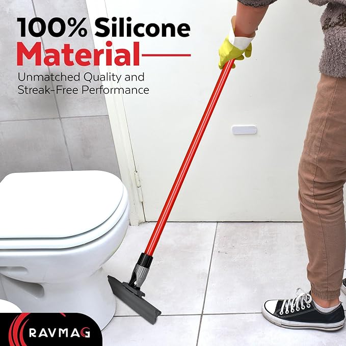 Silicone Floor Squeegee with 55-Inch Long Handle, 12-Inch Single Cast Silicone Blade, 360° Swivel Joint - Multifunction Floor Squeegee for Garage, Concrete Floor, Shower Floor, Glass Windows