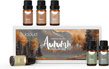 JCLOUD Fall Essential Oils for Diffusers for Home, Autumn Scented Fragrance Oils Gift Set, Incl. Black Vanilla, Cinnamon & Santal Aromatherapy Diffuser Oils - Spicy, Woody & Oriental Scents, 6 * 10mL