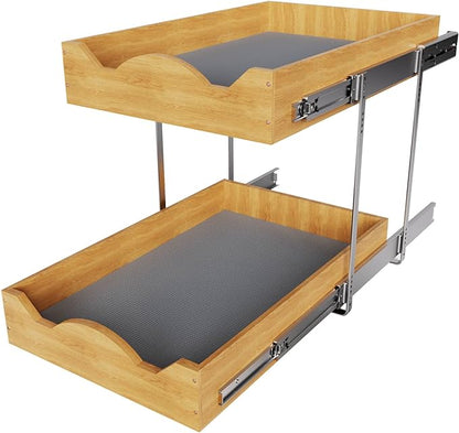 OCG Pull Out Drawers For Cabinets 14"W x 21"D, 2 Tier Heavy-Duty Slide out Wood Drawer Shelf, Pull Out Drawer for Cabinets, Base Cabinet Organization for Kitchen, Pantry, Bathroom