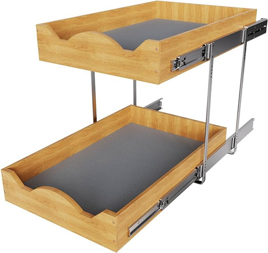 OCG Pull Out Drawers For Cabinets 14"W x 21"D, 2 Tier Heavy-Duty Slide out Wood Drawer Shelf, Pull Out Drawer for Cabinets, Base Cabinet Organization for Kitchen, Pantry, Bathroom
