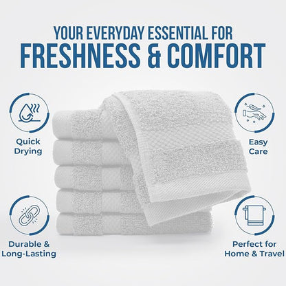 DAN RIVER 12-Pack Premium 100% Cotton White Face Towels – Reusable Face Towel Set, Soft & Absorbent Wash Cloths for Bathroom & Body – Hand and Face Towels, 550 GSM (12x12 in)