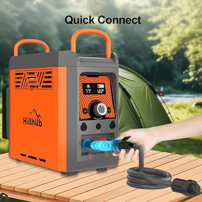 Hillhub Camping Portable Instant Hot Water Heater On Ground, Propane Water Heater with Water Pump & Showerhead, Outdoor Use Only with Overheating Protection, Built-in Battery for Showering & Cleaning