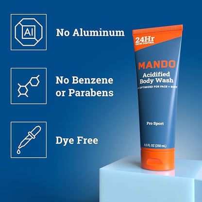 Mando Acidified Body Wash - 24 Hour Odor Control - Removes Odor Better than Soap - Formulated without SLS or Phthalates - Skin Safe - 8.5 Ounce (Pack of 2) - Pro Sport and Mt Fuji