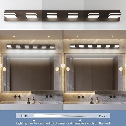SineRise LED Modern Bathroom Vanity Light Fixtures (6-Light, 48-Inch, Dimmable), Brown Wood Painted Modern Acrylic Bathroom Wall Lighting Fixtures Over Mirror (Cool White 6000K)