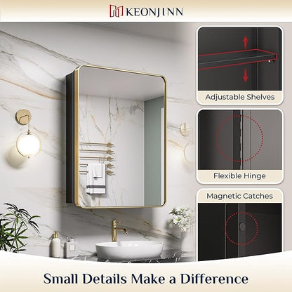 Keonjinn Gold Bathroom Medicine Cabinet with Mirror 16 x 24 Inch, Small Brushed Brass Medicine Cabinet, Stainless Steel Framed, Adjustable Shelves, Rounded Rectangular, Recessed or Surface Mount