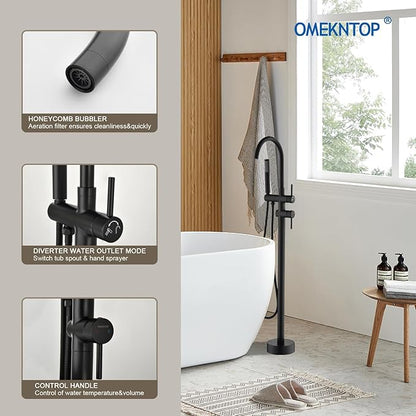 Freestanding Bathtub Faucet, Matte Black Floor Mount Tub Filler, Modern Freestanding Tub Faucet with 360 Swivel Gooseneck Spout and Handheld Shower, Standing Tub Faucet for Bathroom