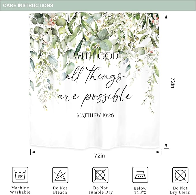 Riyidecor Sage Green Eucalyptus Leaves Shower Curtain for Bathroom Decor 72Wx72H Bible Verse Quotes Spring Floral Botanical Watercolor Art Printed Fabric Polyester Waterproof 12 Pack Metal Hooks