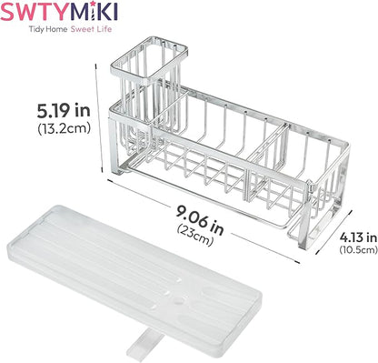 SWTYMIKI Sponge Holder for Kitchen Sink - Sink Caddy with Brush Holder Self-draining Sponge Caddy Organizer with Divider Stainless Steel Kitchen Accessories Storage for Countertop, Silver