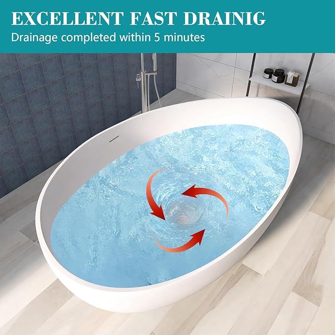 63'' Solid Surface Freestanding Bathtub Matte Soaking Bathtubs Tubs Oval Resin Stone Bathtubs with Overflow and Pop-up Drain - White