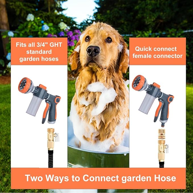 Dog Washing Hose Attachment, 8-in-1 Sprayer Hose Nozzle with Soap Dispenser for Dog Showering, Watering Flowers, Car Washing (With Brush and Lint Remover)