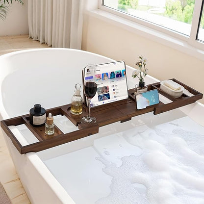 Teak Bathtub Tray Expandable Bathroom Tray for Home Spa Relaxation, Wooden Tray Caddy for Bathtub, Teak Bathtub Caddy as Unique Housewarming, Birthday, Wedding Shower Gifts (Walnut Teak)