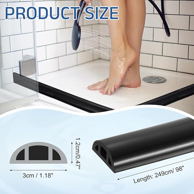 uxcell Shower Water Barrier, 98" Silicone Splash Guard Shower Water Stopper Retention System for Bathtub Sink Washing Machine Dry and Wet Separation, 1.18"W x 0.47"H, Black