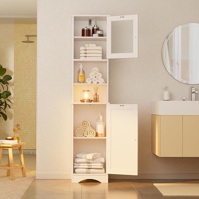 Gizoon 67.1" Tall Bathroom Storage Cabinet with Adjustable Shelves, Narrow Tall Linen Tower with Open Shelves, Two-Way Doors Freestanding Cabinet with Anti-Tip, for Home, Kitchen, Living Room, White