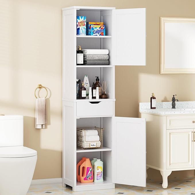 Walsunny Tall Bathroom Storage Cabinet with Freestanding Adjustable Shelves, Narrow Storage Linen Cabinet with 2 Doors and 1 Drawers for Bathroom, Living Room, Kitchen(White)