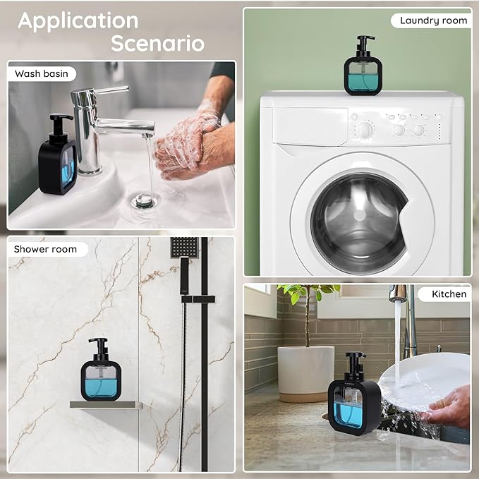 Segbeauty 10.1oz Black Foaming Soap Dispenser for Kitchen, 4pcs 300ml Plastic Square Dish Wash Foam Pump Bottles, Refillable Shampoo Shower Foam Soap Dispenser, Foam Hand Wash Dispenser with Labels