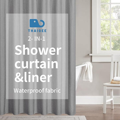 2-in-1 Waterproof Long Fabric Shower Curtain or Liner,Linen Textured,78 Inch Breathable TPU & Washable Bathroom Shower Curtain Set with 12 Plastic Hooks,Modern,72"x78" Grey