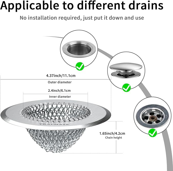TRAPMATE Tub Stopper, Reversible Bathtub Drain Hair Catcher & Stopper, Ultra Revolutionary Bath Tub Drain Protector, Stainless Steel Hair Catcher & Silicone Stopper, 4.4" Drain Cover for Shower, Bath
