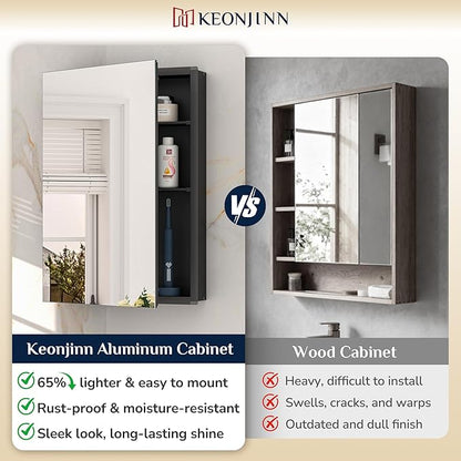 Keonjinn 64 x 32 Inch Medicine Cabinet, Assembly Required, Black Bathroom Medicine Cabinets Mirror, Lightweight, Adjustable Shelves, Surface Mount or Recessed, Tempered Glass