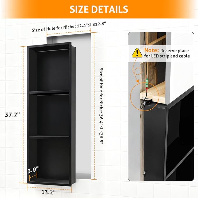 WICHEMI Stainless Steel Shower Niche 12" X 36", No Tile Needed Wall Niche with RGB Light, Recessed Shower Shelf for Bathroom Storage Over Mount Installation, Matte Black