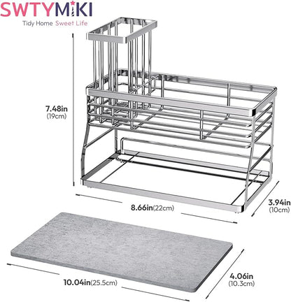 SWTYMIKI Kitchen Sink Caddy Organizer, 2 Tier Sponge Holder for Kitchen Sink with Instant Drying Stone, Removable Brush Holder for Fast Drying on Countertop, Silver