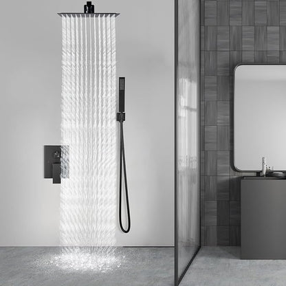 Aolemi Shower Faucet Set Rain Shower System with Handheld Spray Bathroom Shower Combo Rough-in Valve and Shower Trim Kit Included Matte Black 16 Inch Wall Mount Shower Head