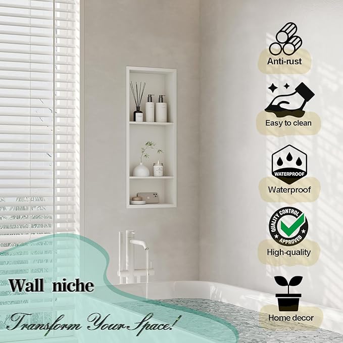 Neodrain 12X30 Inch White Three Layers Stainless Steel Shower Niche, NO Tile Needed Recessed Niche Shelf for Bathroom Storage, 3-Tier Recessed Built-in Wall Niche