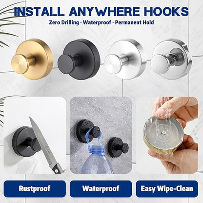 Removable & Reusable Suction Cup Hooks for Shower, Heavy Duty No-Drill Cup Hooks for Towels, Robes, Loofah–Wreath Hangers for Front Doors,Doors & Smooth Surfaces (Black, 2 Pack)