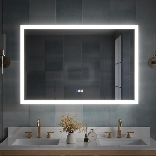 WELLFOR 48 x 32 Inch LED Medicine Cabinet with Lights, 3X Magnification Makeup Mirror, Bathroom Vanity Mirror Cabinet with Storage, Defogging Function, LED Medicine Cabinet Mirror, Three Opening Doors