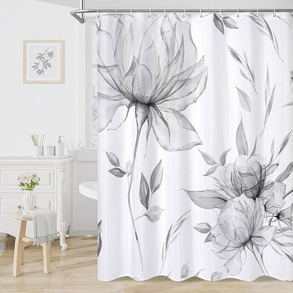 Grey Boho Watercolor Floral Shower Curtain, Ink Painting Style Blossom & Leaf Shower Curtains for Chic Elegant Bathroom, Artistic Fabric Cloth Flower Shower Curtain, 72x72