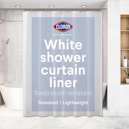 Clorox Shower Curtain Liner, Premium Lightweight Flexible Waterproof 4g PEVA for Bathroom with Weighted Magnets, Standard Size 70" x 72", White 1 Pack