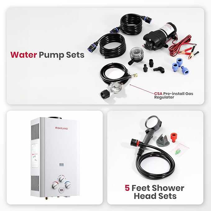 GASLAND 2.64 GPM Propane Tankless Water Heater with Pump & Pipe Strainer for Camping and Off Grid Cabins, 10L Outdoor On Demand Hot Water Heater