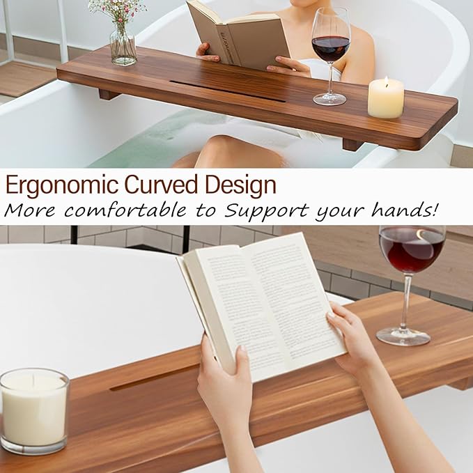 Acacia Wood Bathtub Tray Caddy for Freestanding Tub, 35 Inch Adjustable Bath Tray for Tub, Luxury Spa Bathroom Tray Organizer Table, Bath Tub Accessories for Women, Housewarming, Birthday Gifts