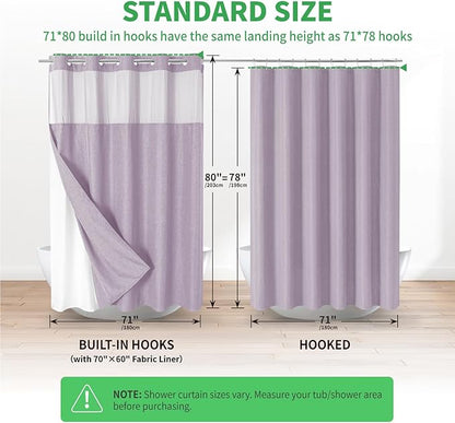 Long No Hooks Needed Linen Textured Shower Curtain with Snap-in Fabric Liner Set,Hotel Luxury Decor Shower Curtains for Bathroom,Waterproof & Washable,71Wx80H,Lavender