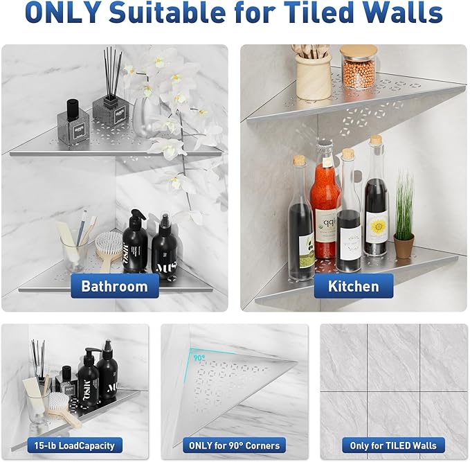 lives Corner Shower Shelf 10" Slot Design Bathroom Shower Shelves for Tiled Wall, 304 Stainless Steel Recessed Organizer Corner Shelves for Inside Shower Decor, Silver, 2 Pack
