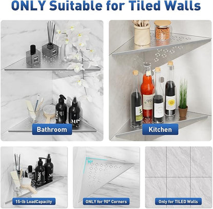 lives Corner Shower Shelf 10" Slot Design Bathroom Shower Shelves for Tiled Wall, 304 Stainless Steel Recessed Organizer Corner Shelves for Inside Shower Decor, Silver, 2 Pack