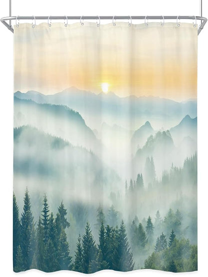 Riyidecor Small Stall Mountain Shower Curtain 48Wx72H Inch Rv Narrow Green Sunset Sunrise Scenery Landscape Woodland Greenery View Bathroom Decor Fabric Polyester Waterproof 8 Pack Hooks