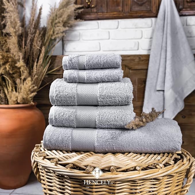 Hencely 6-Piece Bath Towel Set - High Absorbency, Quick Drying - 100% Soft Turkish Cotton - 2 Bath Towels, 2 Hand Towels, 2 Washcloths - for Bathroom, Home, Hotel, Spa, and Gym - 6-Pack Silver